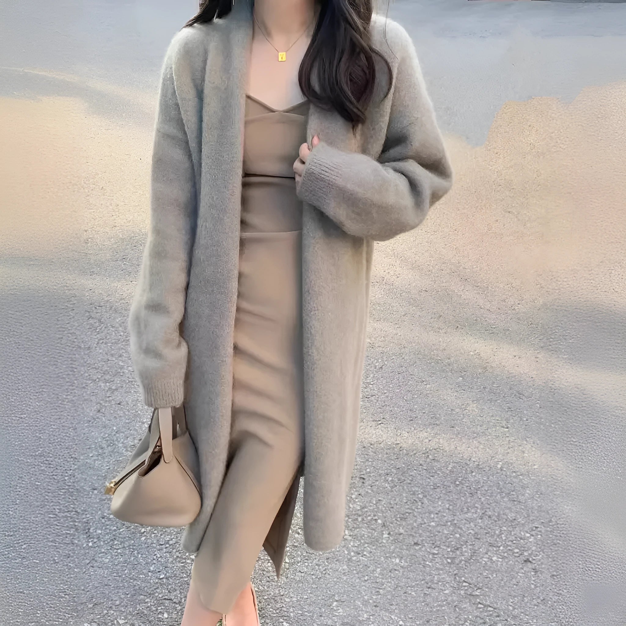 Women's mid-length V-neck knitted cardigan in khaki colour with long sleeves