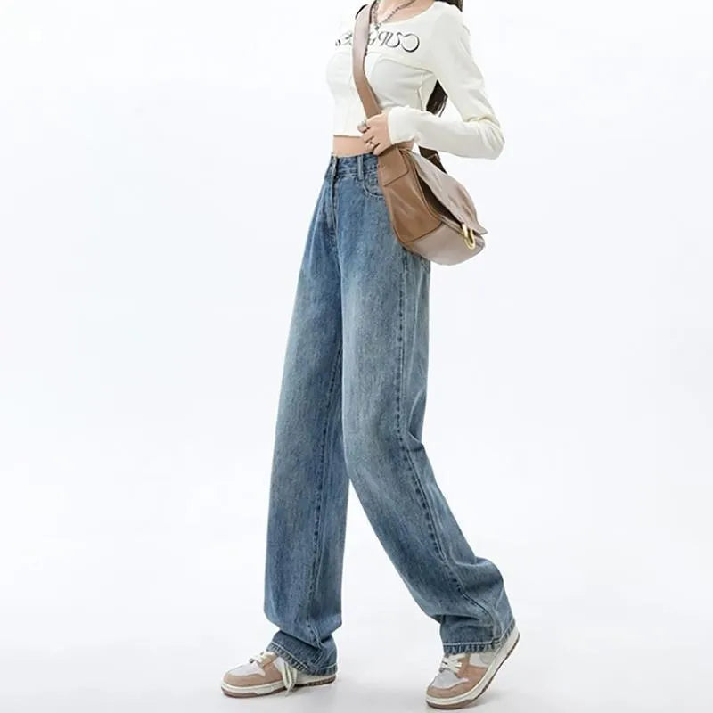 Women's retro blue high waist wide leg jeans with straight-leg trousers styling