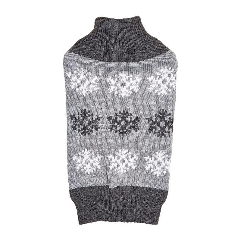 Dog wearing acrylic Christmas sweater in dark brown and grey colours for seasonal holiday wear