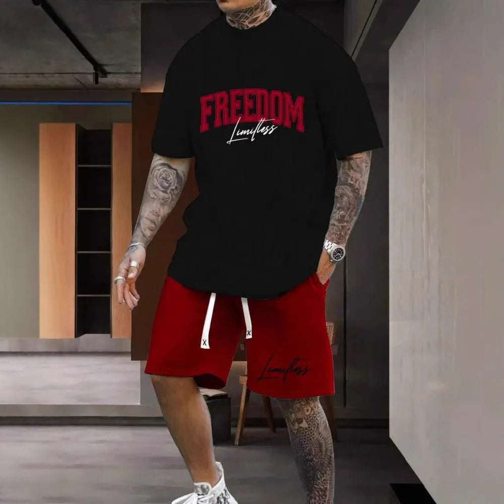 Men's grey 3D printed letter sports suit comprising a short sleeve top and matching shorts