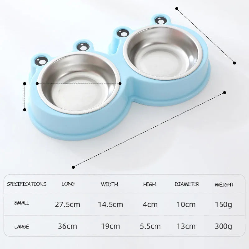 Stainless steel double pet bowl set with frog-shaped non-skid base in blue colour