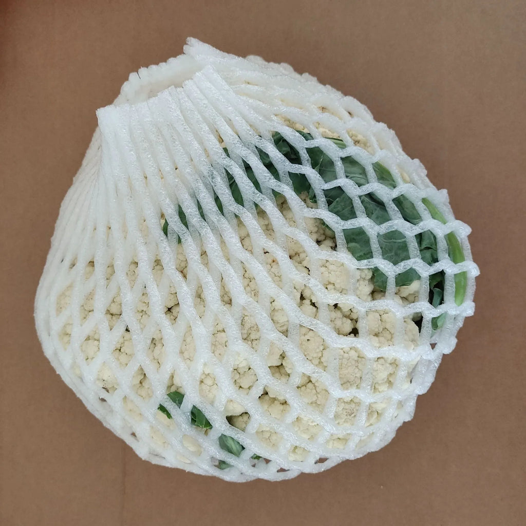 White foam shockproof protective net cover for fruit, shown in various sizes.