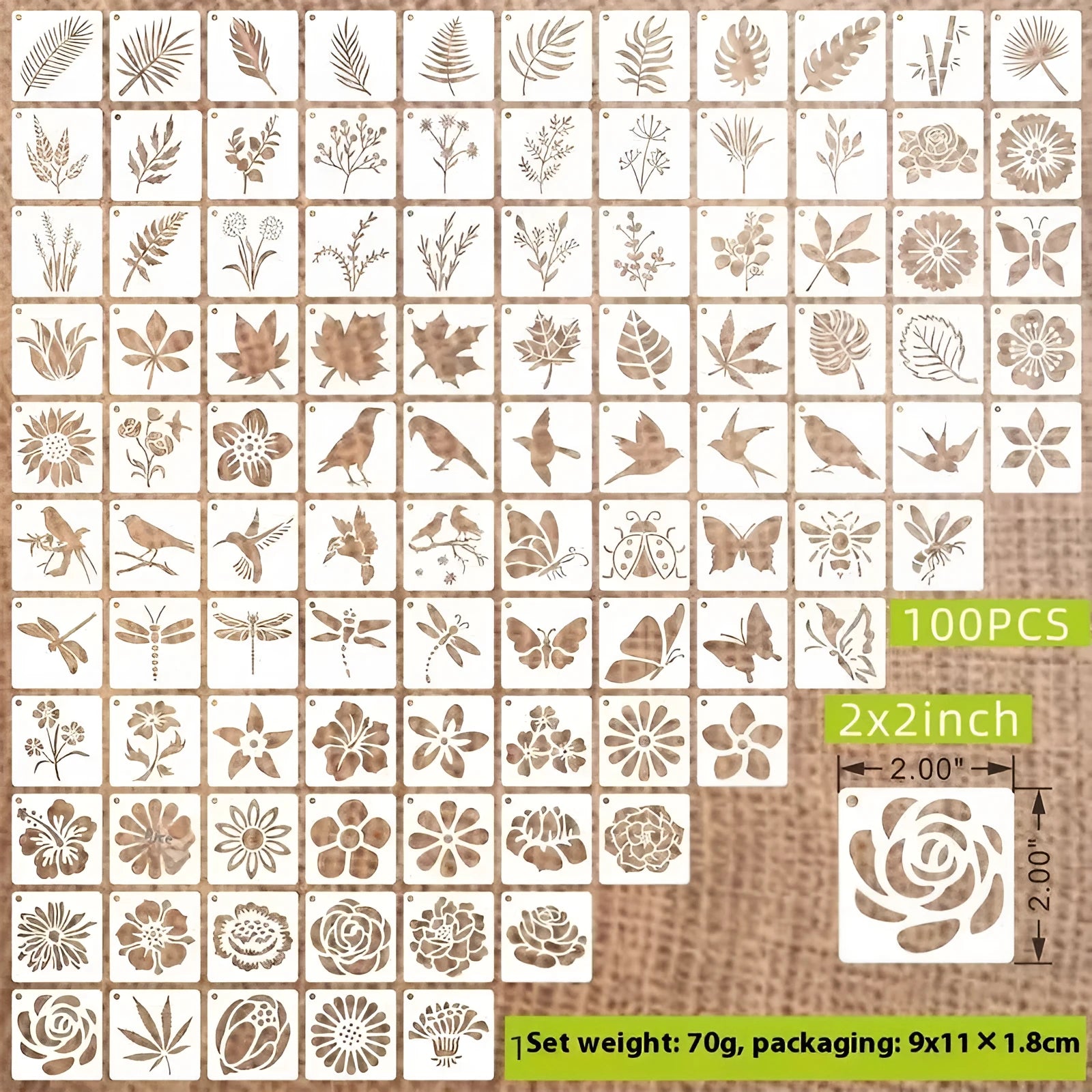 700 PET film hollow spray painting templates in seven 2-inch designs including floral, animal, ocean, and letter patterns