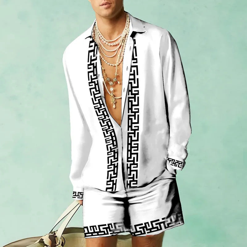 Men's blue polyester summer casual suit set featuring a long-sleeve shirt and matching shorts on a hanger.