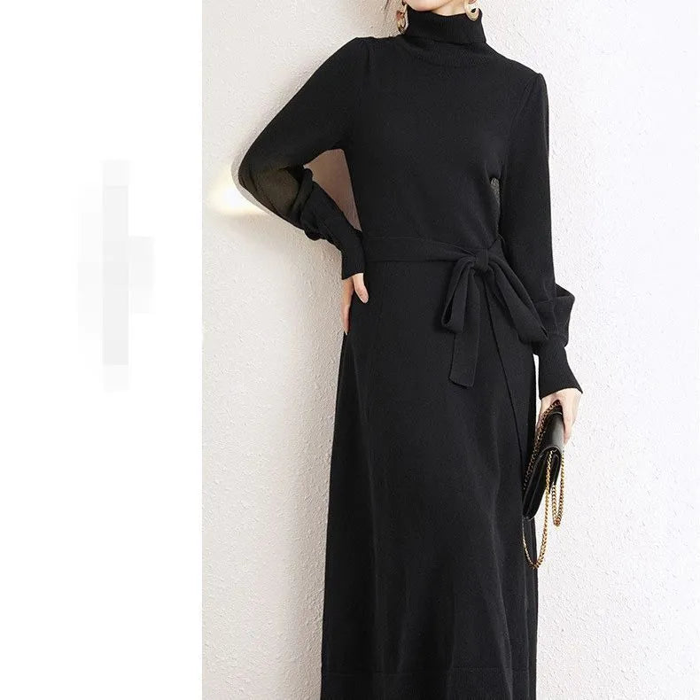 Knitted turtleneck dress with mid-length sweater skirt design and elastic waistband