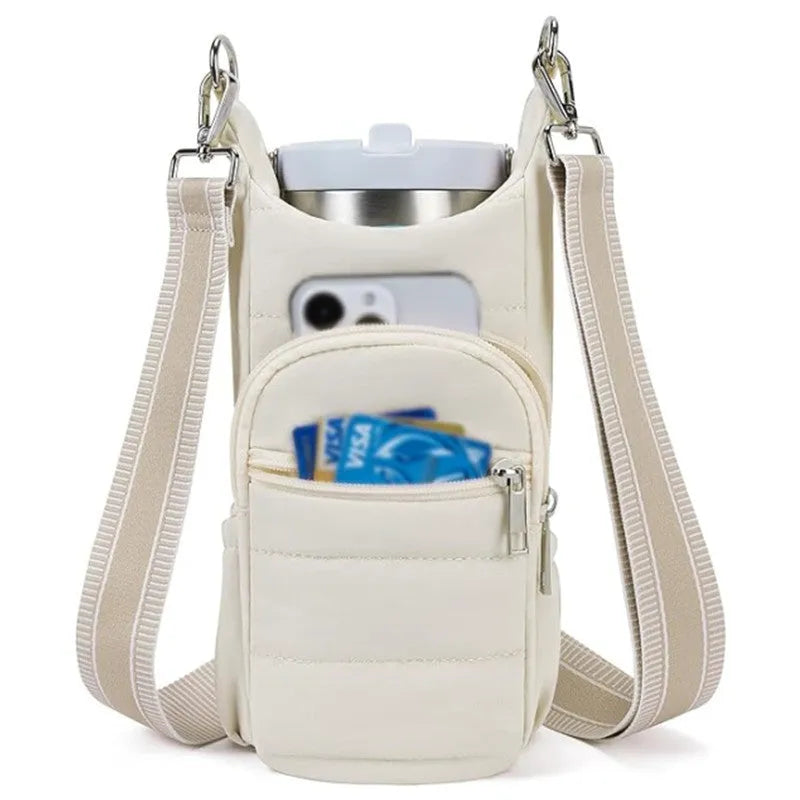 Cloth water bottle bag for bicycles in black, pink, and beige colour options