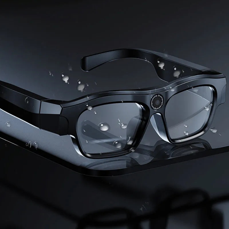 Black smart Bluetooth glasses with head-mounted video recording camera and touch button controls