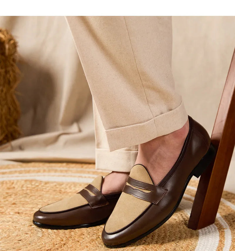 Men's coffee grey suede leather Belgium loafers with a slip-on design and rubber sole.