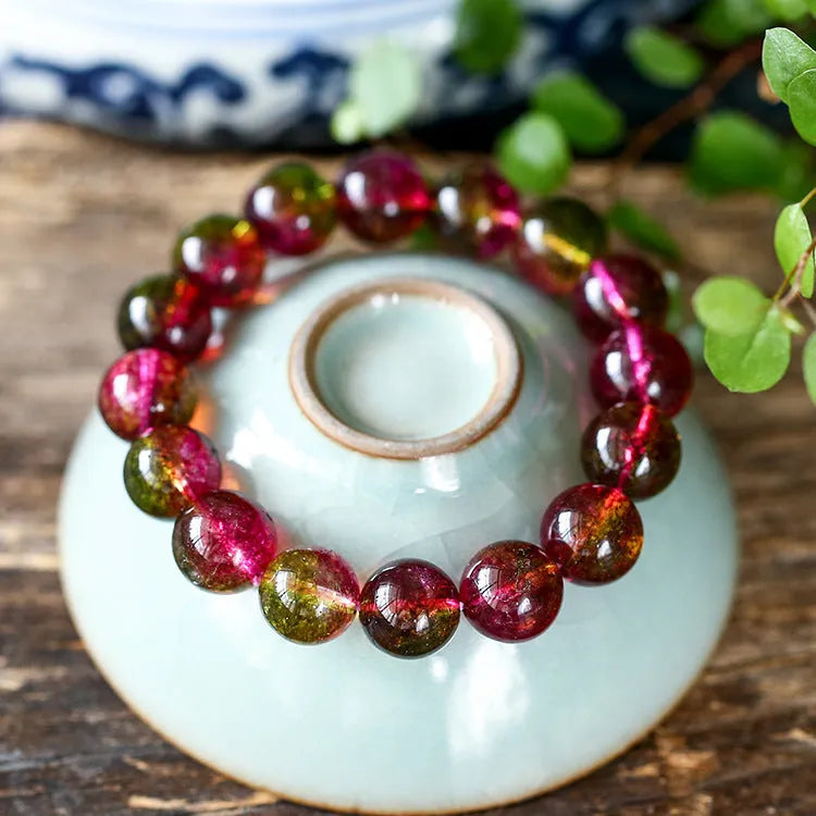 Handmade women's bracelet with green Watermelon Crystal beads in a casual pastoral style.