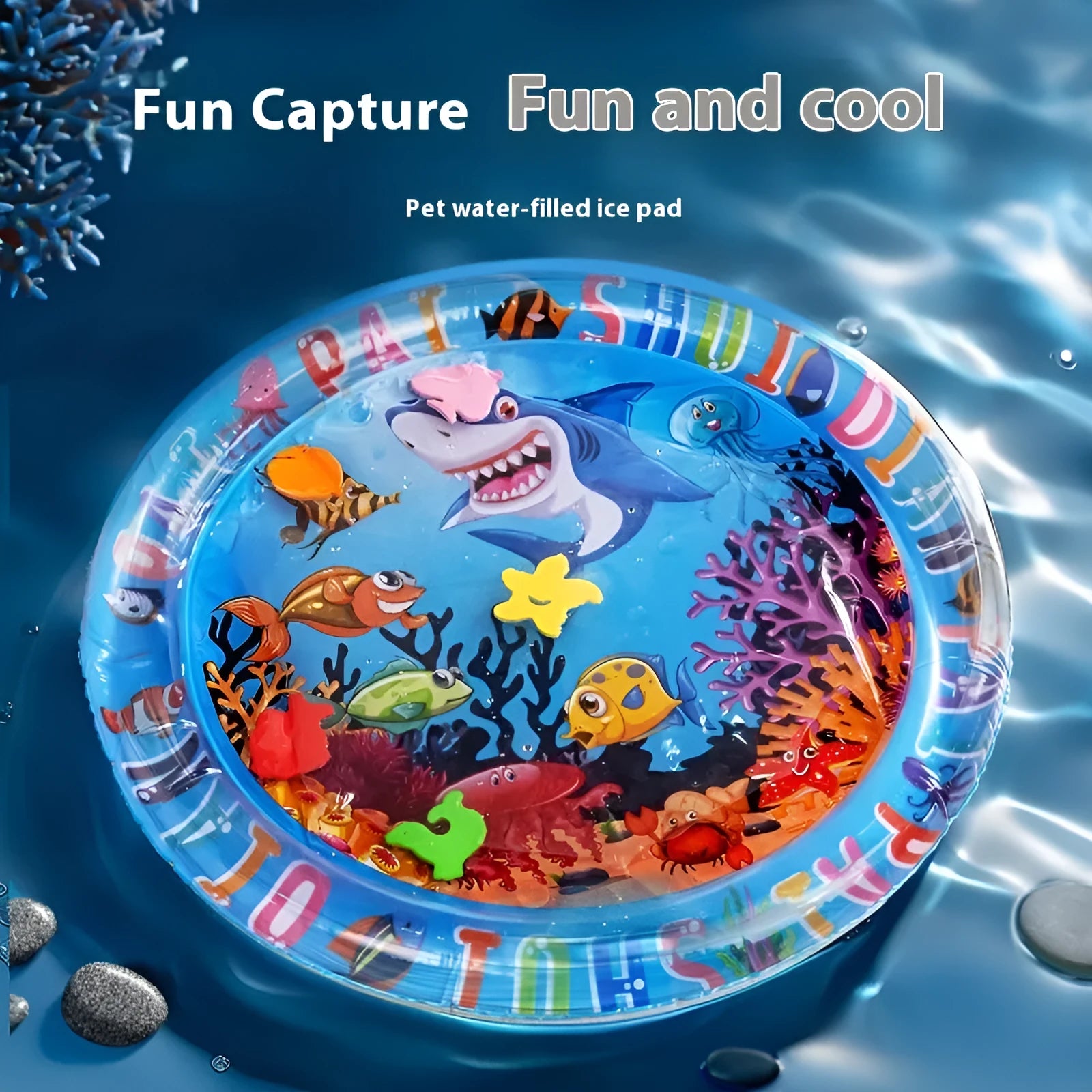 PVC inflatable pet water cooling mat in aquatic designs for dogs and cats