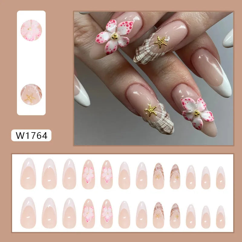 French style press-on fake nails with simple flower patterns on transparent bases, W1764 design