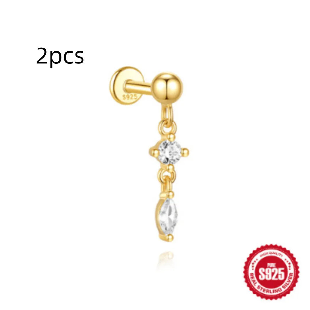 S925 sterling silver water drop earrings with flat spiral puncture design in single gold colour