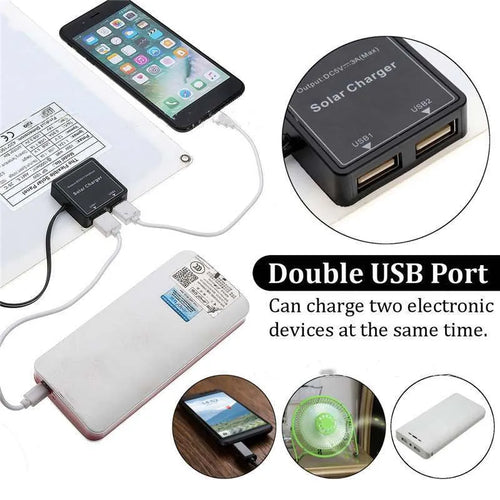 Portable polycrystalline solar panel with dual USB ports for outdoor device charging.