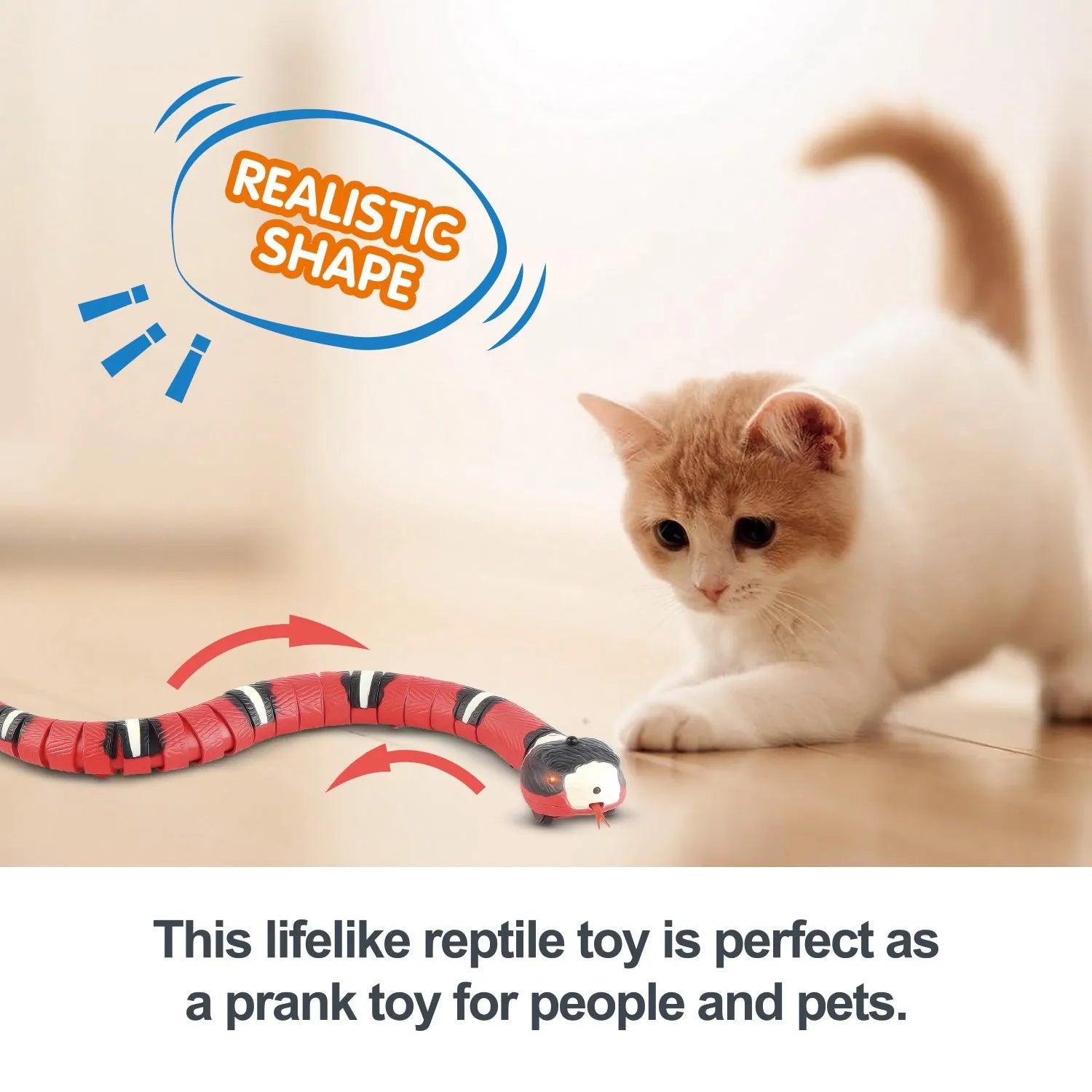 Automatic electronic snake cat toy with segmented plastic body on a floor