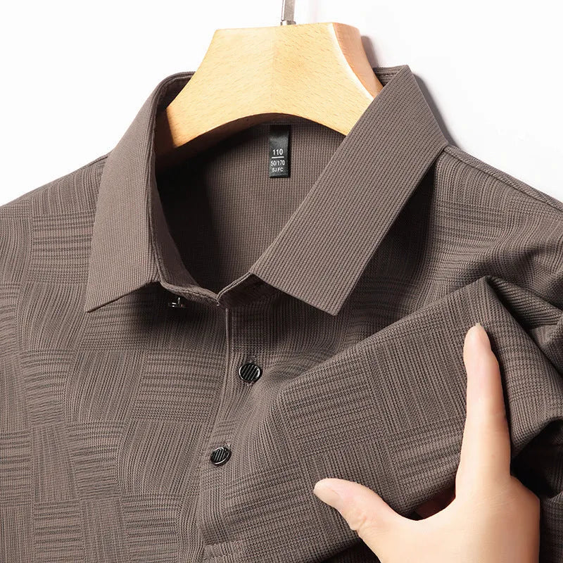 Men's lapel neck slim fit t-shirt in green, showing the casual collar design and lightweight fabric.