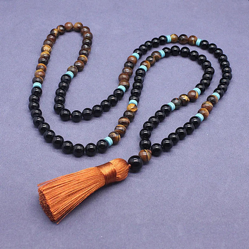 Black agate tiger eye stone bracelet and necklace set with geometric bead design
