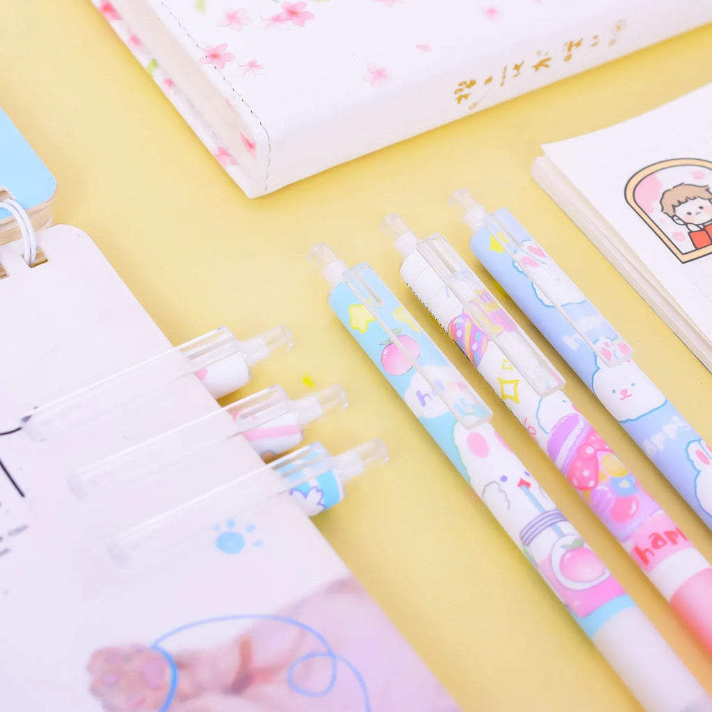 Six black signature pens with cartoon bunny designs and 0.5mm fine tips for writing