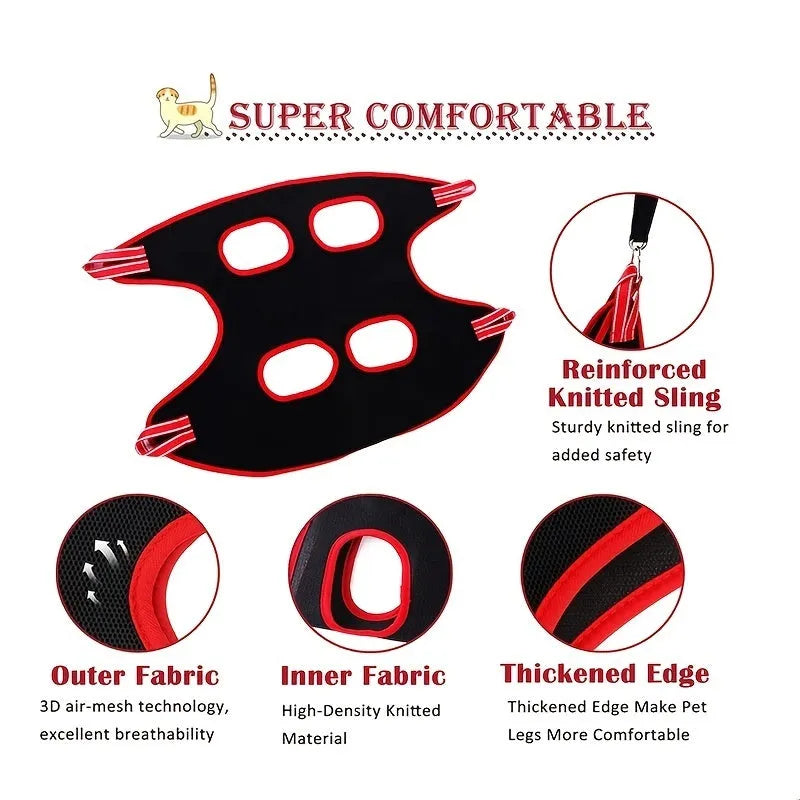 Hanging mesh pet grooming restraint bag for cat and dog nail trimming and bath time.