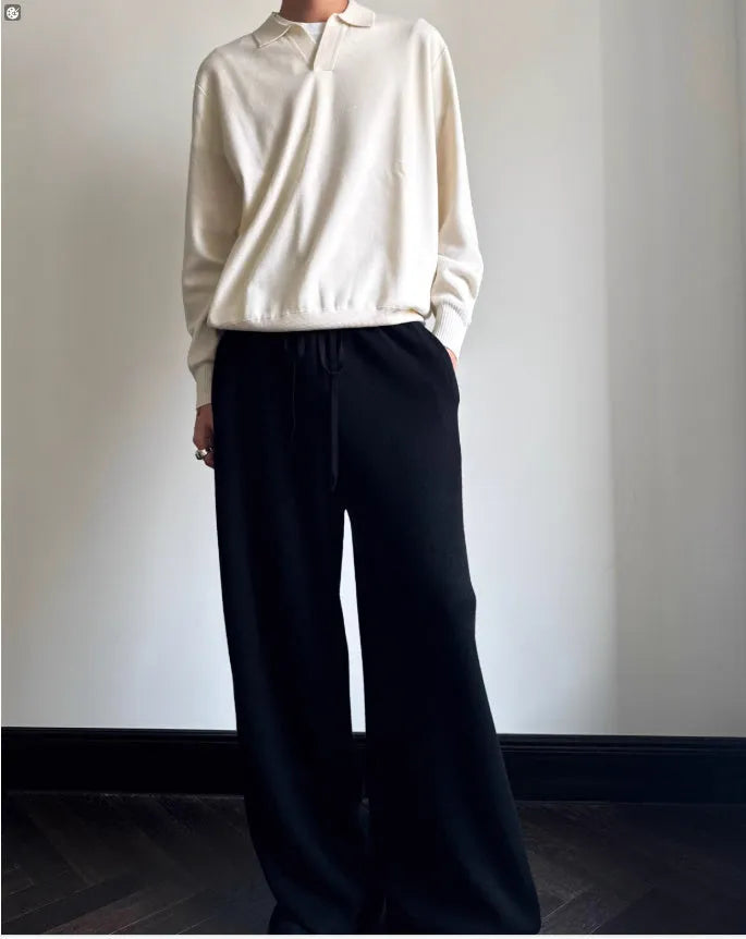 Men's pure wool polo sweater with lapel collar in loose fit, shown in milky white and navy blue colours