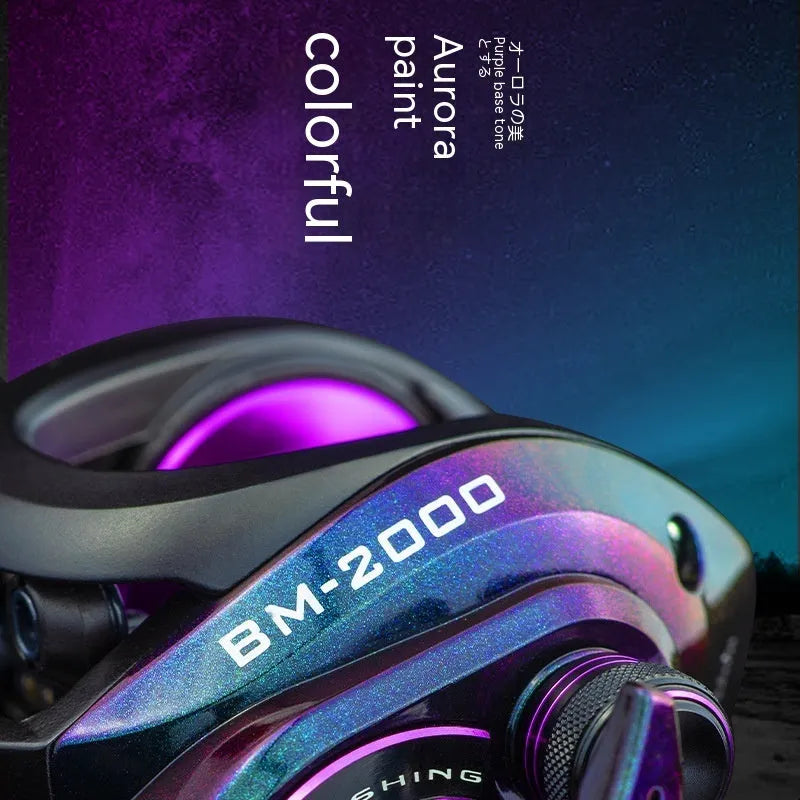 BM2000 model fishing reel with a magnetic brake water drop system, shown in left-hand and right-hand versions.