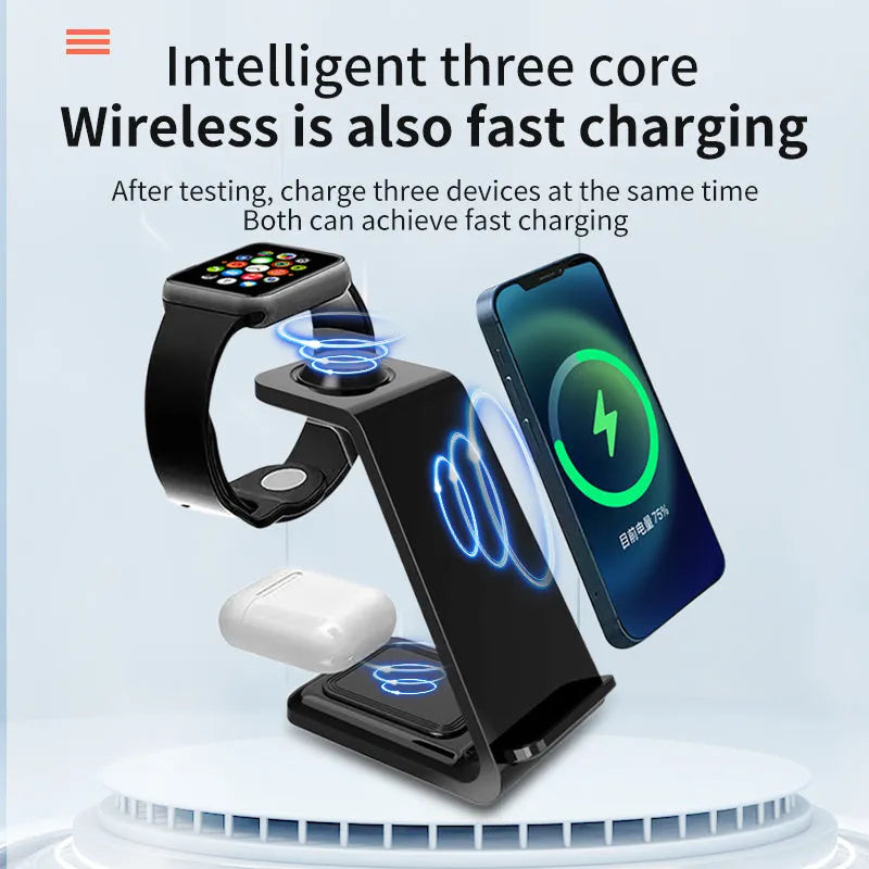 3-in-1 upright mobile phone holder wireless charger in black with Type-C cable on desk