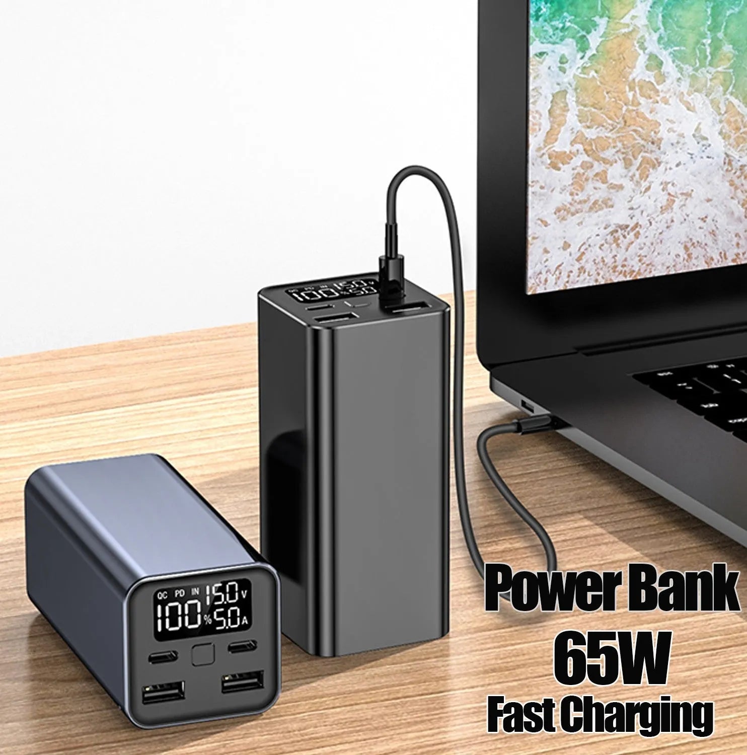 Black metal 65W laptop power bank with 20000mAh capacity showing USB ports