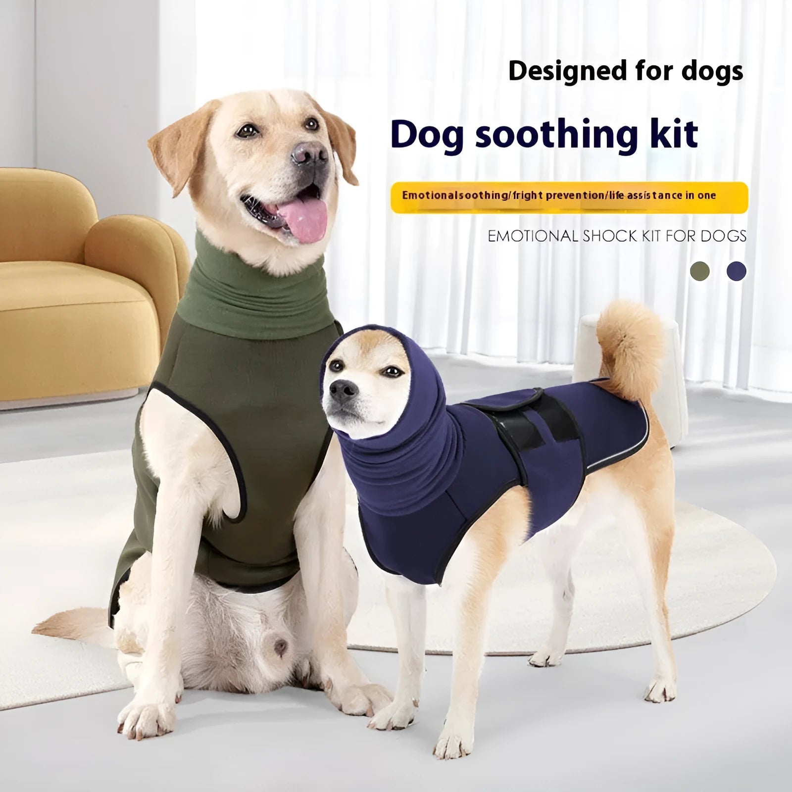 Army green dog anxiety jacket with mood-soothing design on medium-sized dog