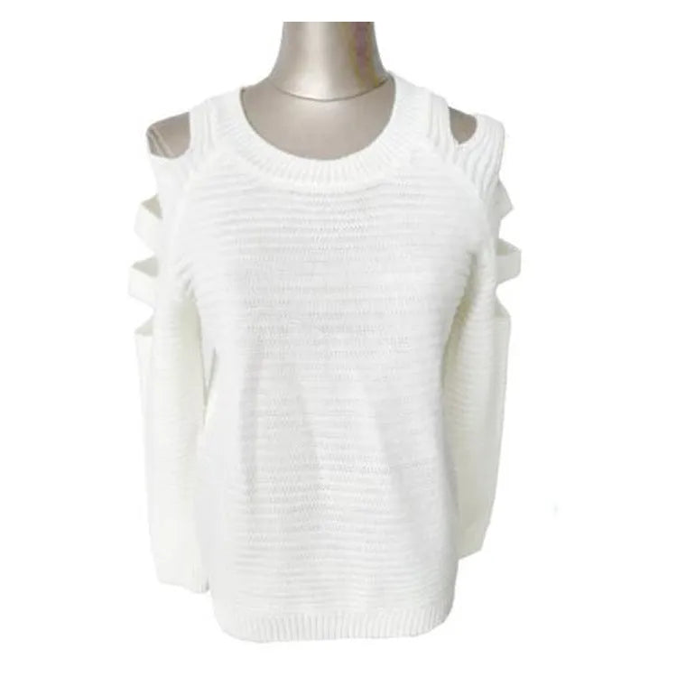 Women's white knitted pullover shirt with a crocheted hollow-out pattern and round neck.