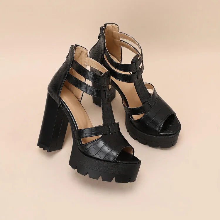 Casual platform high heel sandals in black with a back zipper and round toe.
