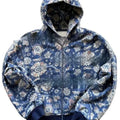 Man wearing a loose-fit blue hooded zip-up polyester coat for casual autumn wear.