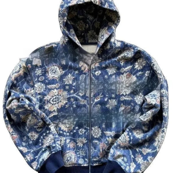 Man wearing a loose-fit blue hooded zip-up polyester coat for casual autumn wear.