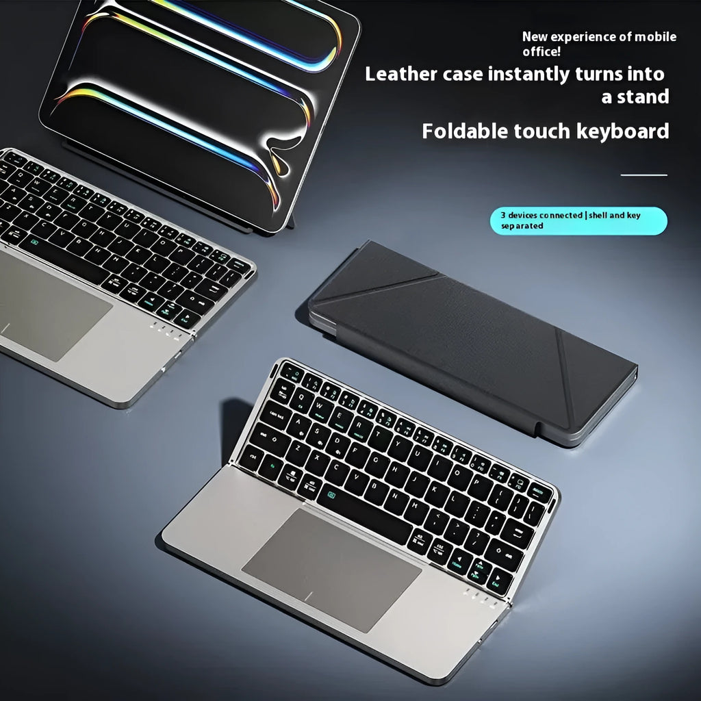 Grey wireless Bluetooth folding keyboard for mobile phones and tablets showing folded and unfolded positions