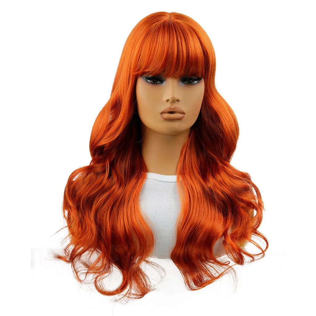 Women's big wavy bangs synthetic wig in orange high temperature fibre natural style