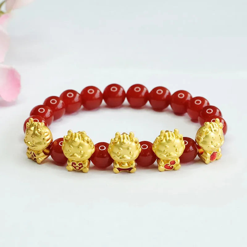 Natural red agate Chinese style bracelet with five blessing dragon design.