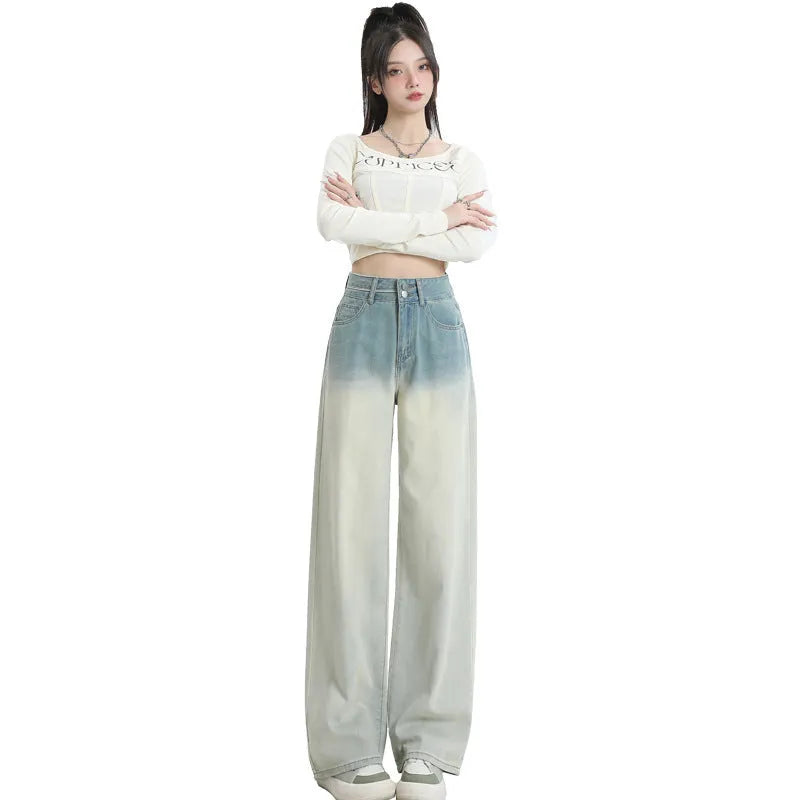 Women's gradient blue straight-leg denim trousers with wide-leg style