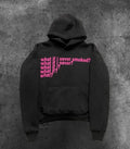 Black hooded sweater with white letter print pattern, regular sleeves