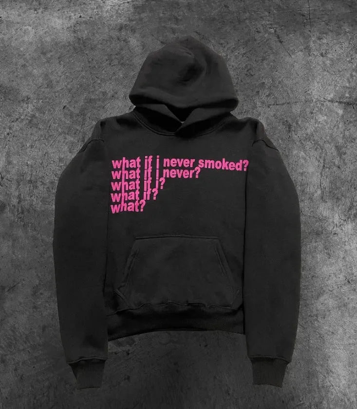 Black hooded sweater with white letter print pattern, regular sleeves