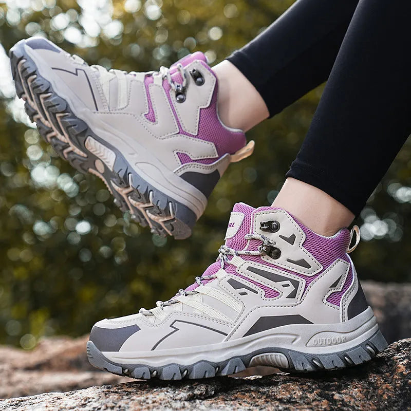 Same high-top hiking sneakers in light brown colour with front lace-up design and natural rubber outsole