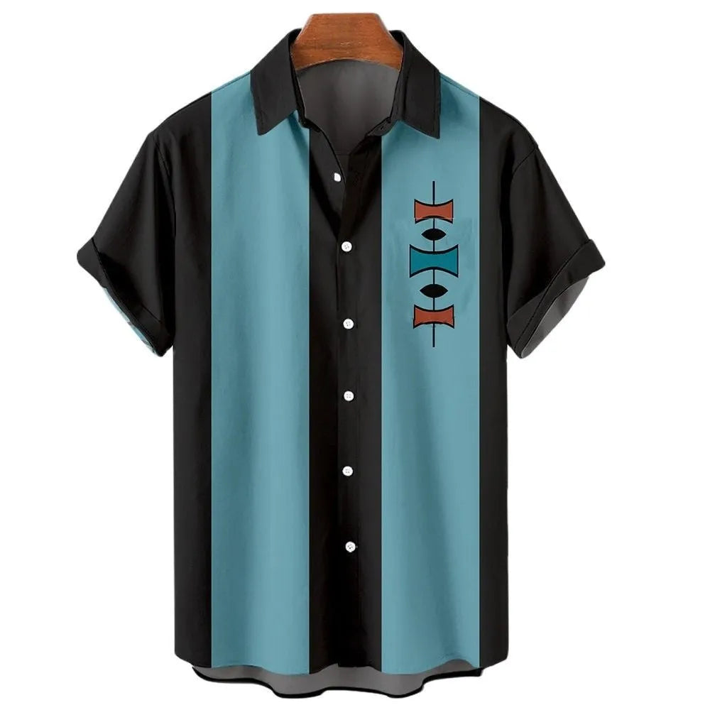 Men's striped Hawaiian shirt in polyester fabric with button-up short sleeves