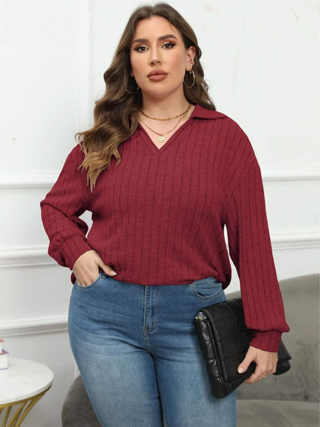 Women's plus size polo collar Gothic shirt with lantern sleeves in melange gray polar fleece