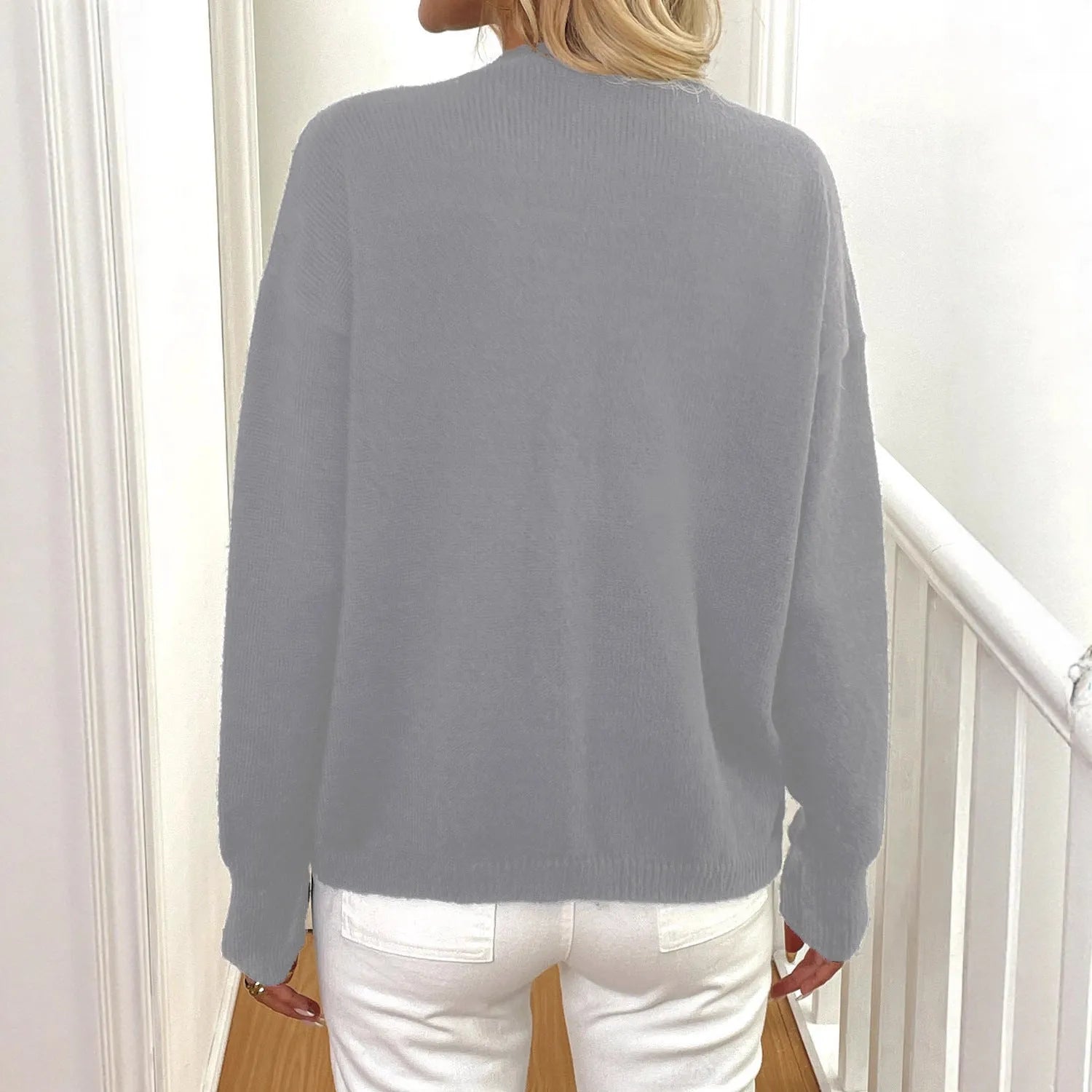 Grey deer plush women's long sleeve coat with princess sleeves and an irregular streetwear cut.