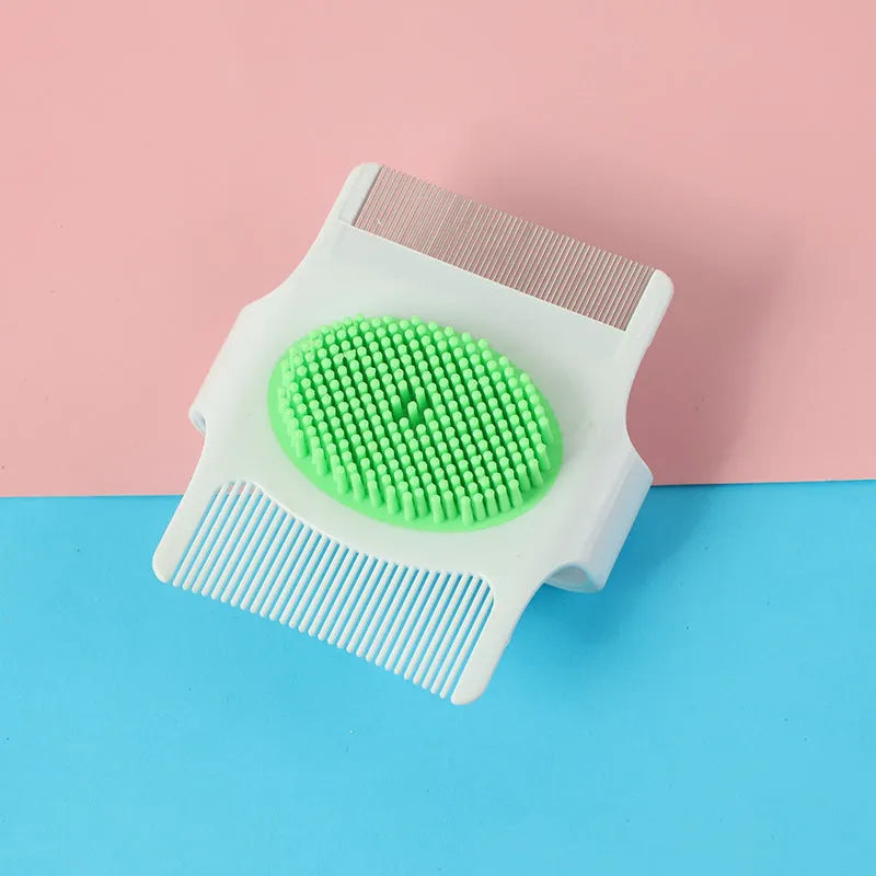 Blue and green multifunctional pet comb grooming tool with hair removal, massage, and flea removal functions