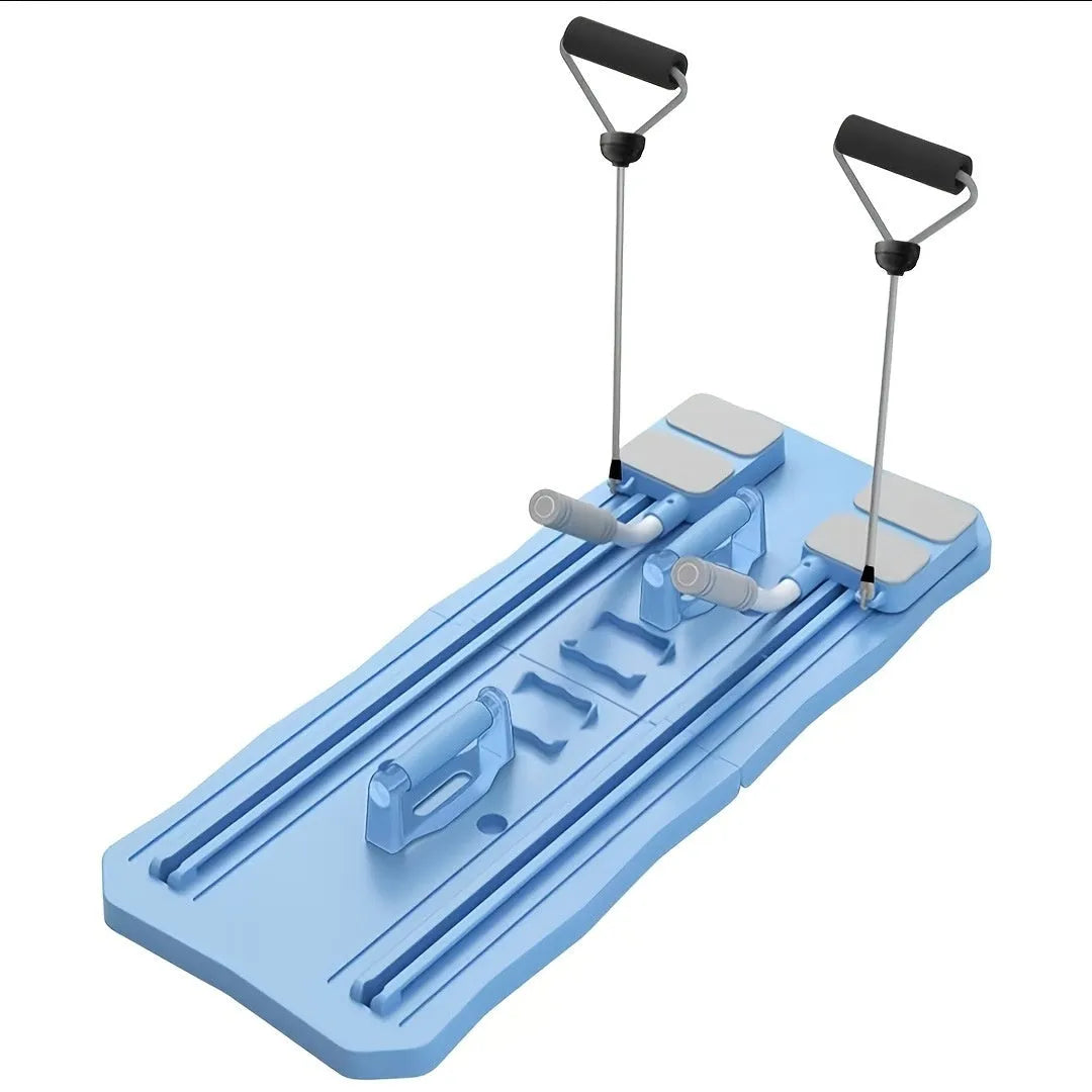 Blue multifunctional fitness board for supine abdominal exercises on home floor