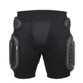 Black cycling hip protection pants with foam padding in hip area showing unisex sizing options