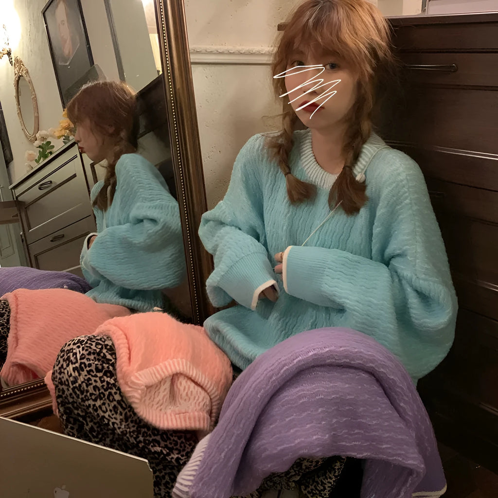 Women's loose retro pullover sweater in solid lake blue colour