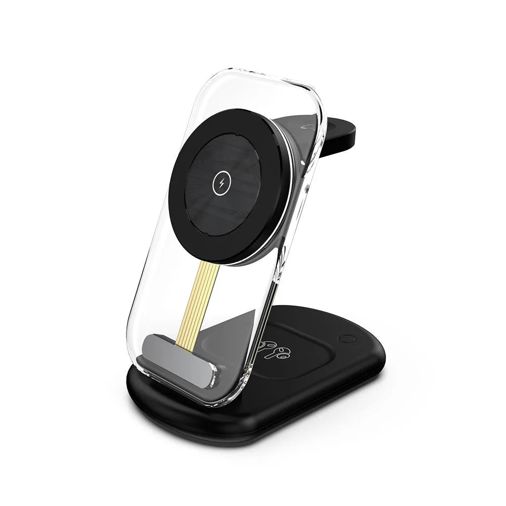 Transparent folding magnetic three-in-one wireless charger in black or white colour