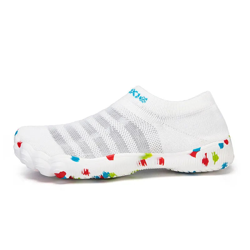 Women's camouflage print Flyknit water shoes with rubber sole and lace-up front.