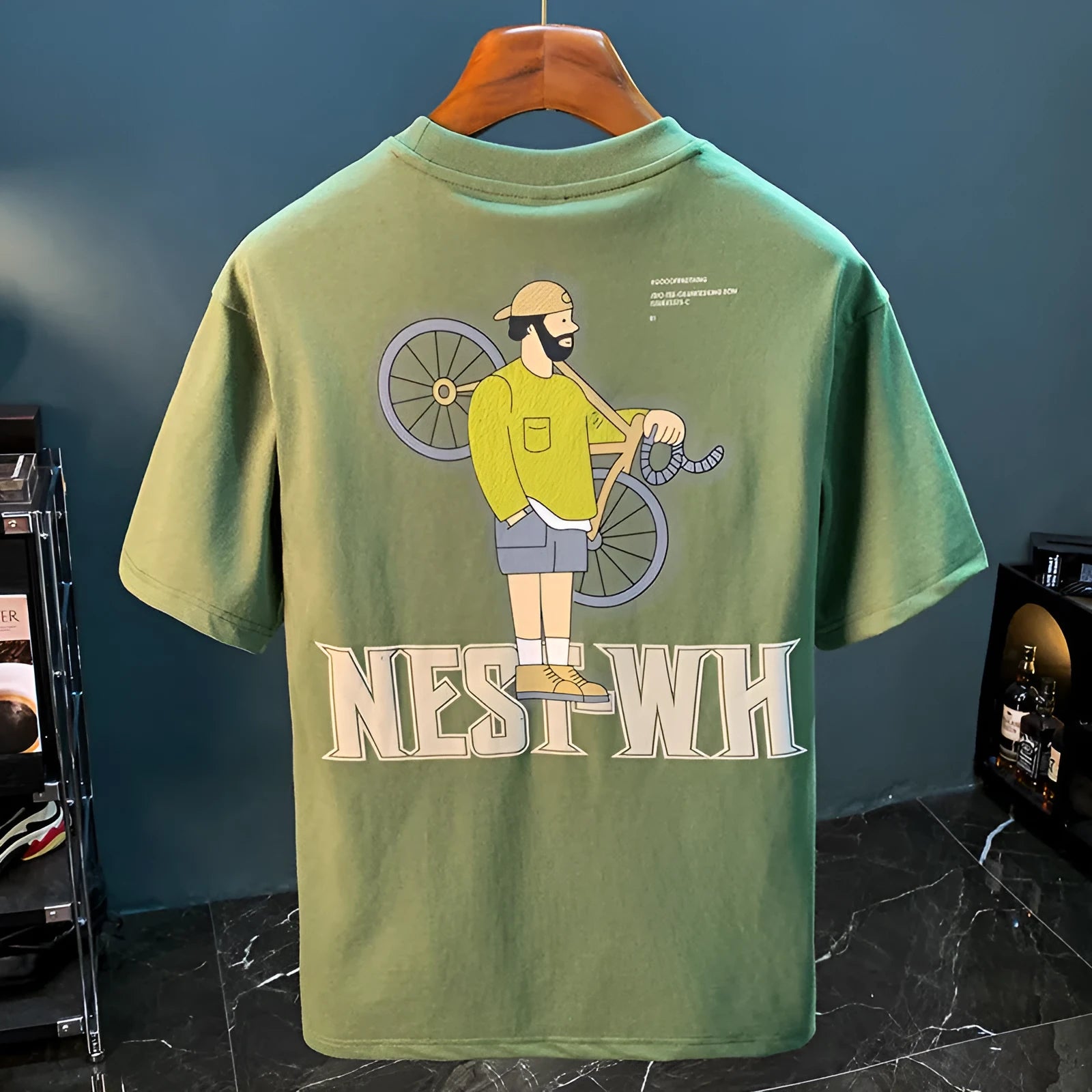 Green men's T-shirt with literary youth printed design and short sleeves