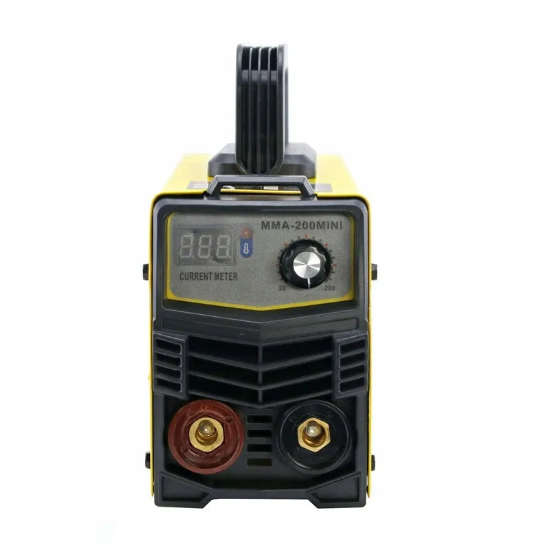 MMA-200MIN DC inverter welding machine with welding tongs, grounding clamp, and face shield