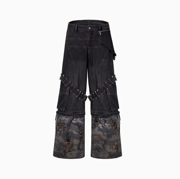 Men's grey cotton denim jeans with camouflage splicing pattern and ribbon detailing